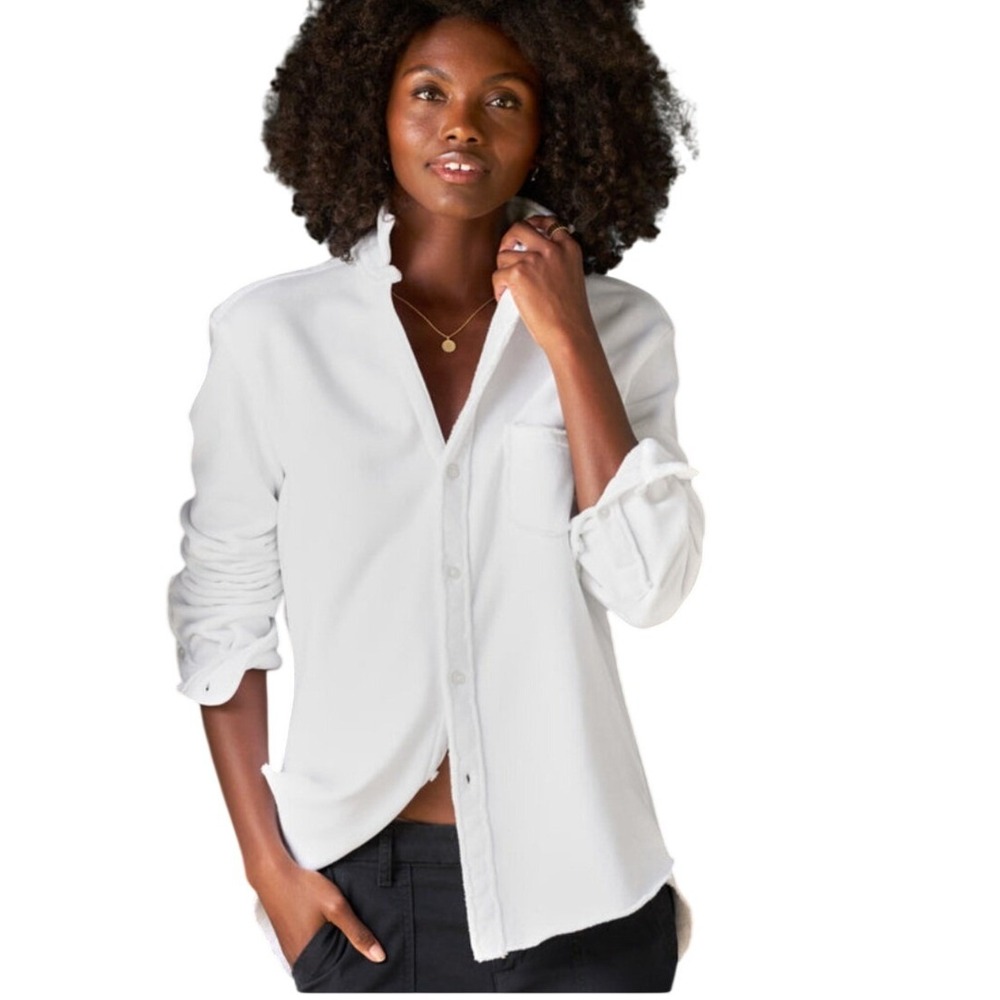 Frank &‎ Eileen Joann French Terry Button Down Shirt White Raw Edge Pocket - Picture 2 of 16
